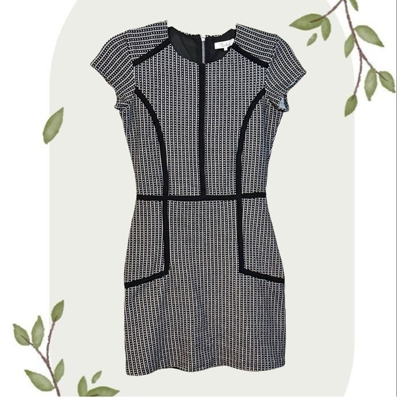 Parker Black and White Geometric Structured Knit Mini Sheath Dress- Small - Picture 1 of 9